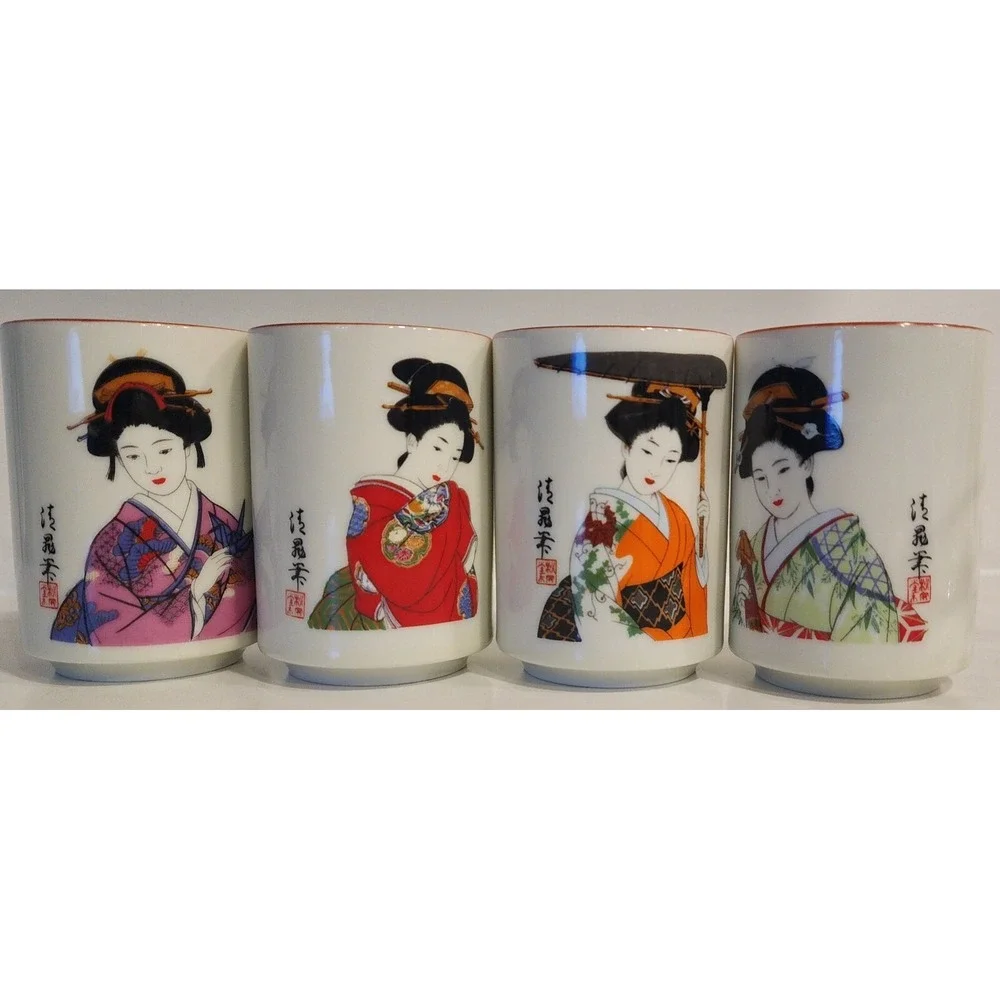 Furisode Kimono Japanese Geisha Tea Cups Artist Signed Set Of 4